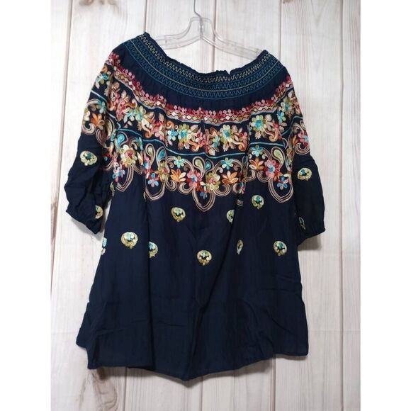Ladies Large Boho Embroidered Off Shoulder Peasant Tunic Top Blouse - Picture 2 of 7